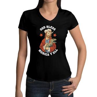 Usa Tees God Bless Merica Y'all Jesus Dinosaur Cowboy Hat Women V-Neck T-Shirt | Mazezy