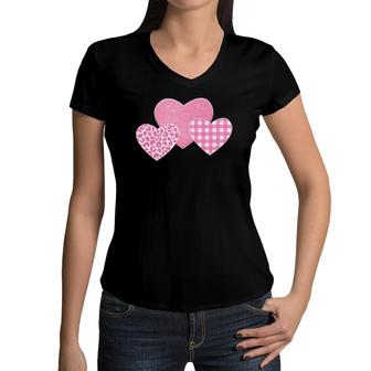 Valentine's Day Pink Leopard Buffalo Plaid Hearts Kids Girls Women V-Neck T-Shirt | Mazezy
