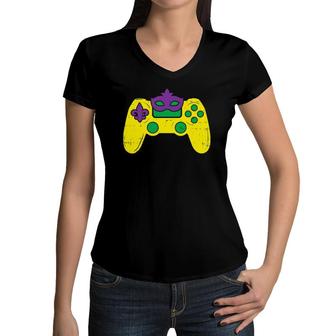 Video Game Controller Gamer Mardi Gras Boys Men Women V-Neck T-Shirt | Mazezy