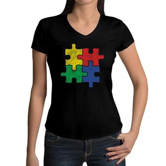 Vintage Autism Colorful Puzzle, Kids Autism Awareness Gift Women V-Neck T-Shirt | Mazezy