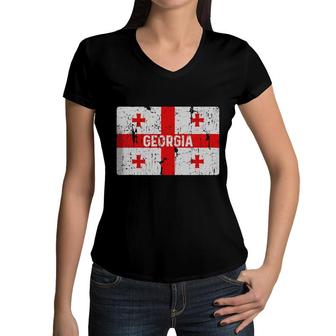 Vintage Georgia Flag Georgian Men Women Girls Retro Style Women V-Neck T-Shirt | Mazezy