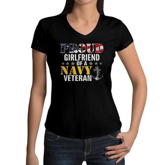 Vintage Proud Girlfriend Of A Navy For Veteran Gift Women V-Neck T-Shirt | Mazezy