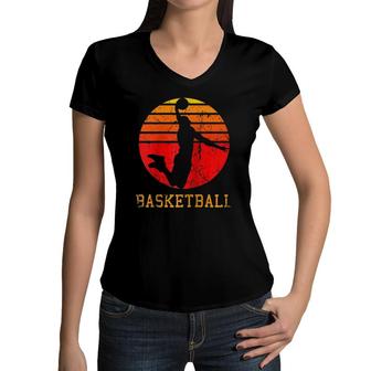 Vintage Retro Sunrise Adult Teen Kids Basketball Player Raglan Baseball Tee Women V-Neck T-Shirt | Mazezy