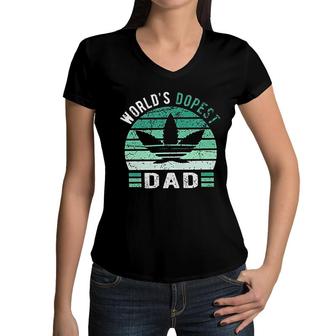 Weed Green Color Worlds Dopest Dad Funny Leaf Gift For Men Women Women V-Neck T-Shirt - Seseable