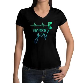 Woman Gamer Cute Gamer Girl Heartbeat Girly Video Games Women V-Neck T-Shirt | Mazezy