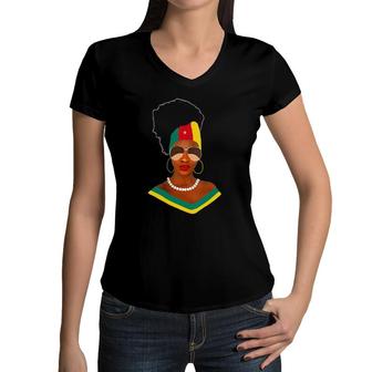 Womens Cameroon Girl With Flag Patriotic Cameroonian Melanin Woman V-Neck Women V-Neck T-Shirt | Mazezy