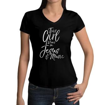 Womens Christian Musician Gift This Girl Runs On Jesus & Music Women V-Neck T-Shirt | Mazezy