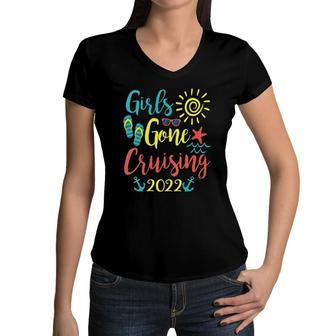 Womens Girls Gone Cruising 2022 Matching Cruise Vacation Trip Funny Women V-Neck T-Shirt | Mazezy