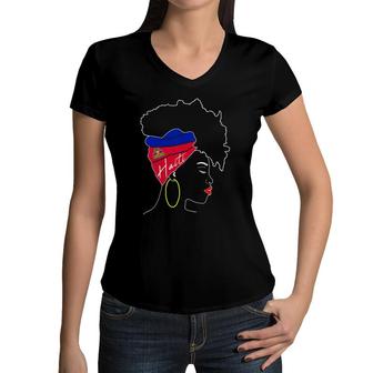 Womens Haitian Girl With Flag Silhouette Haiti Pride Haitian Woman V-Neck Women V-Neck T-Shirt | Mazezy