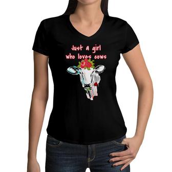 Womens Just A Girl Who Loves Cows Women V-Neck T-Shirt | Mazezy