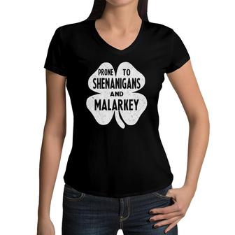 Womens Prone To Shenanigans And Malarkey Funny St Patrick's Day Boys V-Neck Women V-Neck T-Shirt | Mazezy