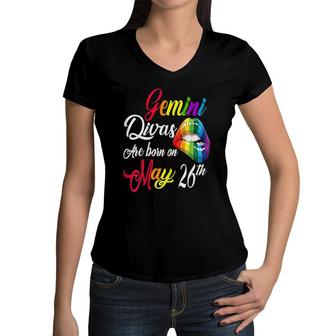 Womens Rainbow Lips Divas Are Born On May 26Th Gemini Girl Birthday Women V-Neck T-Shirt | Mazezy