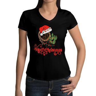 Womens Retro Cowboy Lasso And Boots Merry Christmas Lights Cactus Women V-Neck T-Shirt | Mazezy