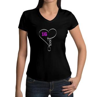 Womens Sweet Sixteen Birthday For Teenager Heart Girls Women V-Neck T-Shirt - Seseable
