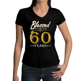 Womens Vintage Blessed By God For 60 Years Happy 60Th Birthday Women V-Neck T-Shirt - Seseable