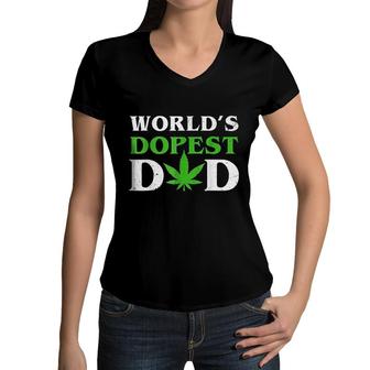 Worlds Dopest Dad Funny Marijuana Weed Leaf Fathers Day Women V-Neck T-Shirt - Seseable
