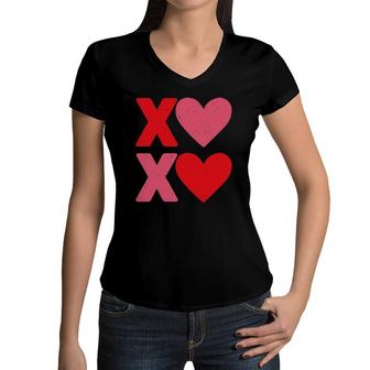 Xoxo Hearts Hugs And Kisses Funny Valentine's Day Boys Girls Boyfriend Girlfriend Women V-Neck T-Shirt | Mazezy