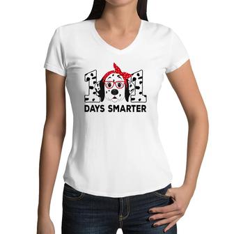 101 Days Smarter 101St Day School Dalmatian Dog Teacher Kids Women V-Neck T-Shirt | Mazezy UK