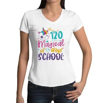 120Th Day Of School Unicorn 120 Magical Days Teacher Girls Women V-Neck T-Shirt | Mazezy