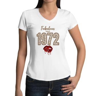 50Th Birthday Gift Fabulous Since 1972 Leopard Red Lips Women V-Neck T-Shirt - Seseable