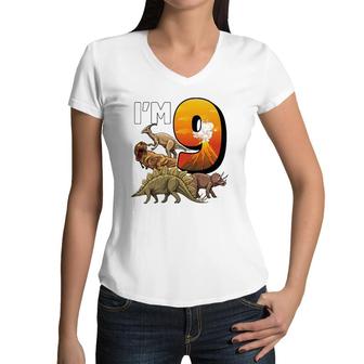 9 Year Old Dinosaurs Birthday 9Th Party Paleontologist Boys Women V-Neck T-Shirt | Mazezy