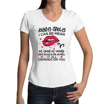 Aries Girls I Can Be Mean Or As Sweet As Candy Birthday Gift Women V-Neck T-Shirt - Seseable