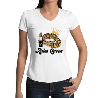 Aries Queen Aries Girls Yellow Lipstick Leopard Birthday Gift Women V-Neck T-Shirt - Seseable