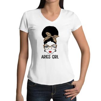 Aries Queen Its My Birthday Leopard Aries Girl Women V-Neck T-Shirt - Seseable