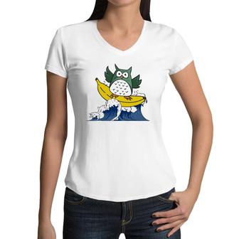 Cartoon Owl Banana Surfing Funny Graphics Great Wave Kids Women V-Neck T-Shirt | Mazezy
