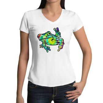 Cool Peace Frog Tie Dye For Boys And Girls Premium Women V-Neck T-Shirt | Mazezy
