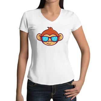 Cute Monkey With Sunglasses For Kids Who Love Monkeys Women V-Neck T-Shirt | Mazezy