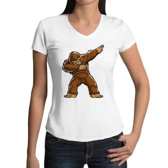 Dabbing Bigfoot Funny Sasquatch Boys Kids Dab Dance Monster Women V-Neck T-Shirt | Mazezy