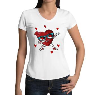 Dabbing Heart Valentine's Day Kids Matching Boys Valentines Women V-Neck T-Shirt | Mazezy