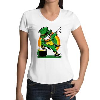 Dabbing Leprechaun St Patricks Day Kids Women V-Neck T-Shirt | Mazezy
