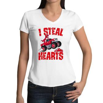 Dinosaur Ridding Truck I Steal Hearts Valentine's Day Boys Women V-Neck T-Shirt | Mazezy