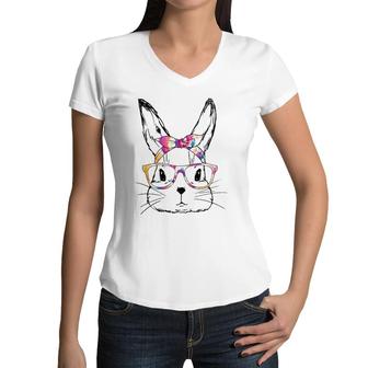 Easter Day 2022 Dy Cute Bunny Face Tie Dye Glasses Women Boy Women V-Neck T-Shirt | Mazezy