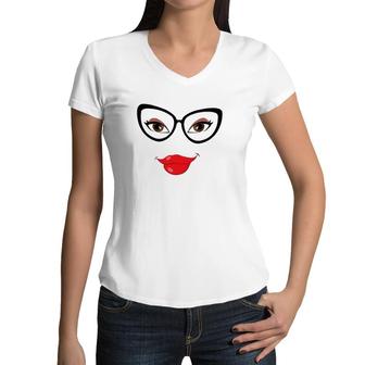 Eyes Lips And Glasses Girl's Face Women V-Neck T-Shirt | Mazezy