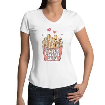 Fries Before Guys Cute Valentine's Day Valentine Teen Girl Women V-Neck T-Shirt | Mazezy