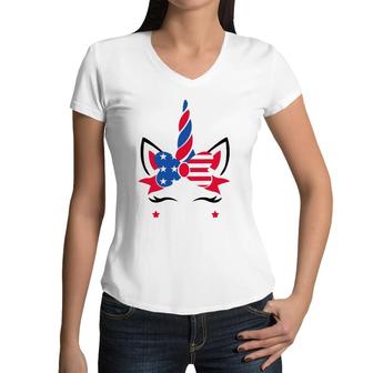 Funny American Unicorn Usa Flag 4Th Of July Gift Women Girls Women V-Neck T-Shirt | Mazezy