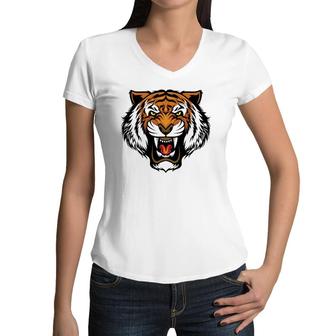 Funny Growling Mouth Open Bengal Tiger Men Women Kids Women V-Neck T-Shirt | Mazezy