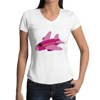 Girls Pink Airplane Pilot Women V-Neck T-Shirt | Mazezy