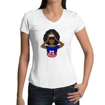 Haiti Haitian Love Flag Proud Woman Princess Crown Girl Women V-Neck T-Shirt | Mazezy
