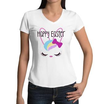 Happy Easter Bunny Sleeping Face Cute Funny Christian Girls Women V-Neck T-Shirt | Mazezy