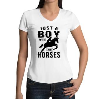 Just A Boy Who Loves Horses Cute Horse Kid's Women V-Neck T-Shirt | Mazezy