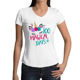 Kids 100 Magical Days Of School Unicorn 100Th Day Women V-Neck T-Shirt | Mazezy