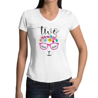 Kids 2 Years Old Llama Birthday Party Alpaca 2Nd Gift For Girl Women V-Neck T-Shirt | Mazezy