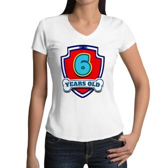 Kids 6 Year Old 6Th Birthday Paw Themed Party Gift Boys Girls Women V-Neck T-Shirt | Mazezy