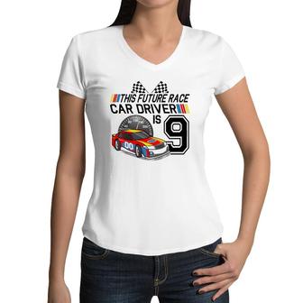 Kids 9 Years Old Race Car Birthday 9Th Stock Car Racing Party Gift Women V-Neck T-Shirt | Mazezy