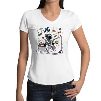 Kids Astronaut Fisherman Fishing Stars Planets Space Women V-Neck T-Shirt | Mazezy