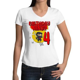 Kids Birthday Ninja 4 Years Old Bday Party Gift For Little Ninja Women V-Neck T-Shirt | Mazezy